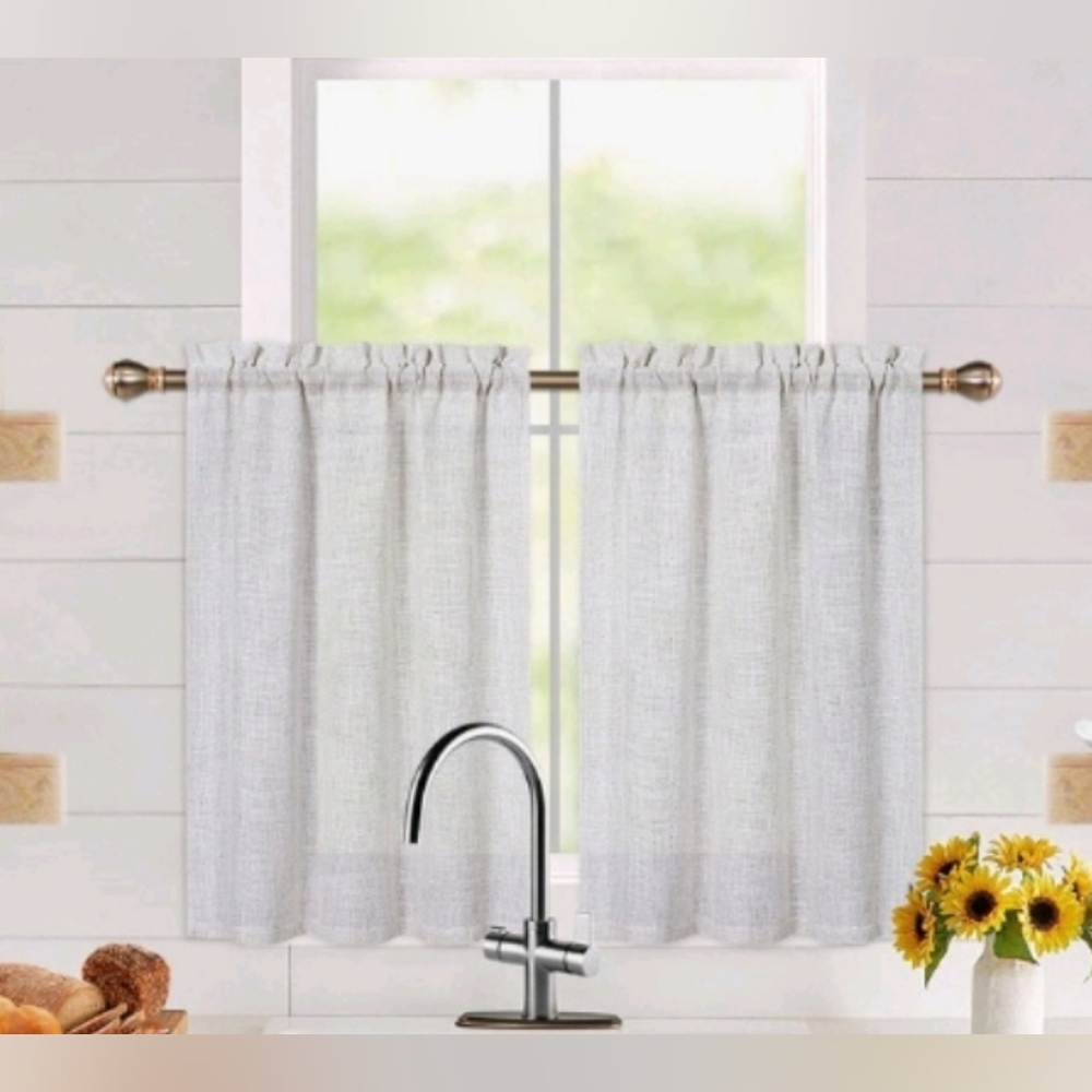 New with tags! Pair of sandy beige linen window curtain tiers 30"